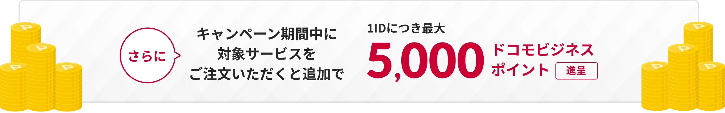 さらにキャンペーン対象サービスをご注文いただくことで追加で1IDにつき最大5,000ドコモビジネスポイント進呈
