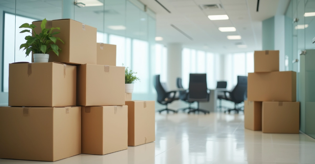 オフィスに段ボールが連なっている画像