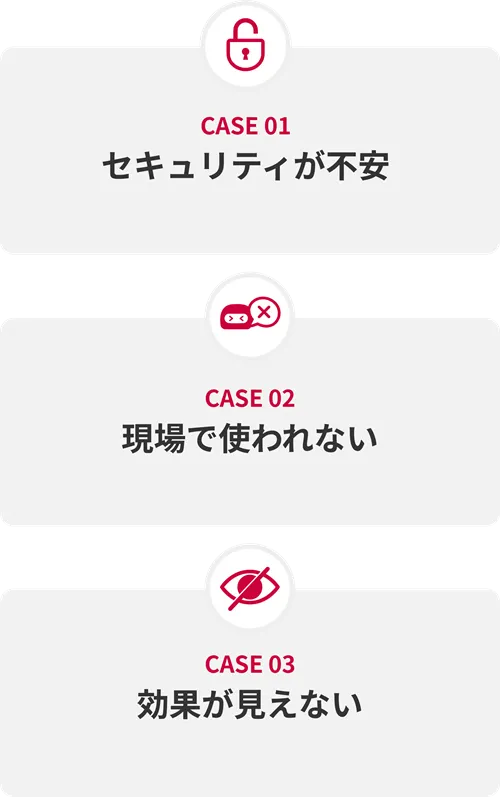 CASE 01セキュリティが不安、CASE 02現場で使われない、CASE 03効果が見えない