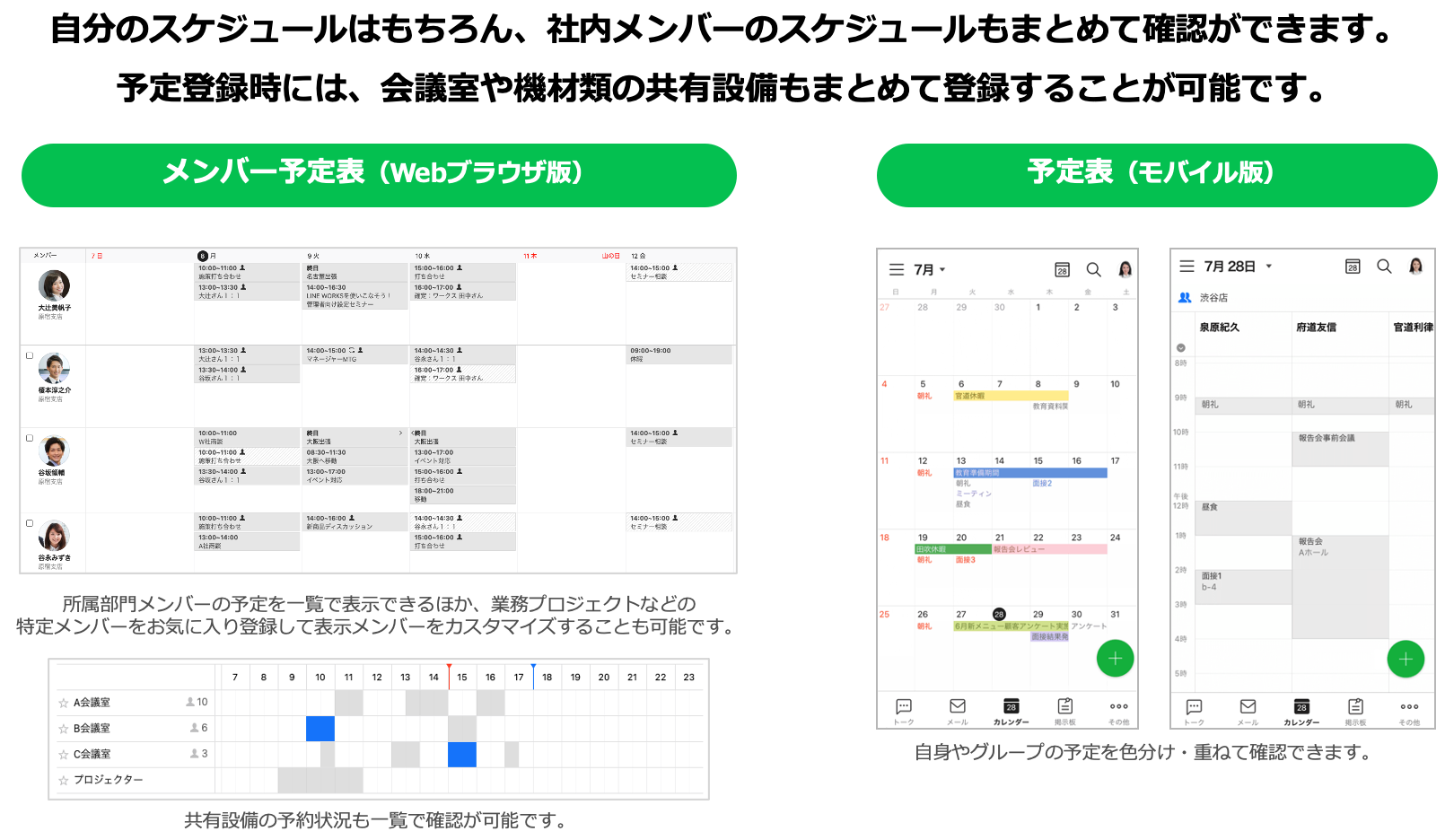 自分のスケジュールはもちろん、社内メンバーのスケジュールもまとめて確認ができます。予定登録時には、会議室や機材類の共有設備もまとめて登録することが可能です。