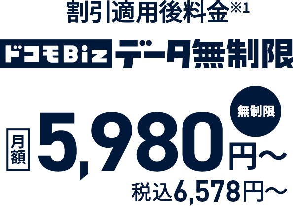 ドコモBiz データ無制限 容量無制限 月額料金（割引適用前価格） 7,330円〜（税込8,063円〜）割引適用後料金※1 月額5,980円〜 税込6,578円〜 
