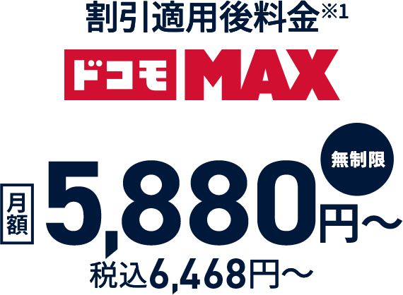 ドコモ MAX 無制限プランの料金案内。割引適用後料金※1 月額5,880円〜、税込6,468円〜。法人向けプランの価格を示す図。