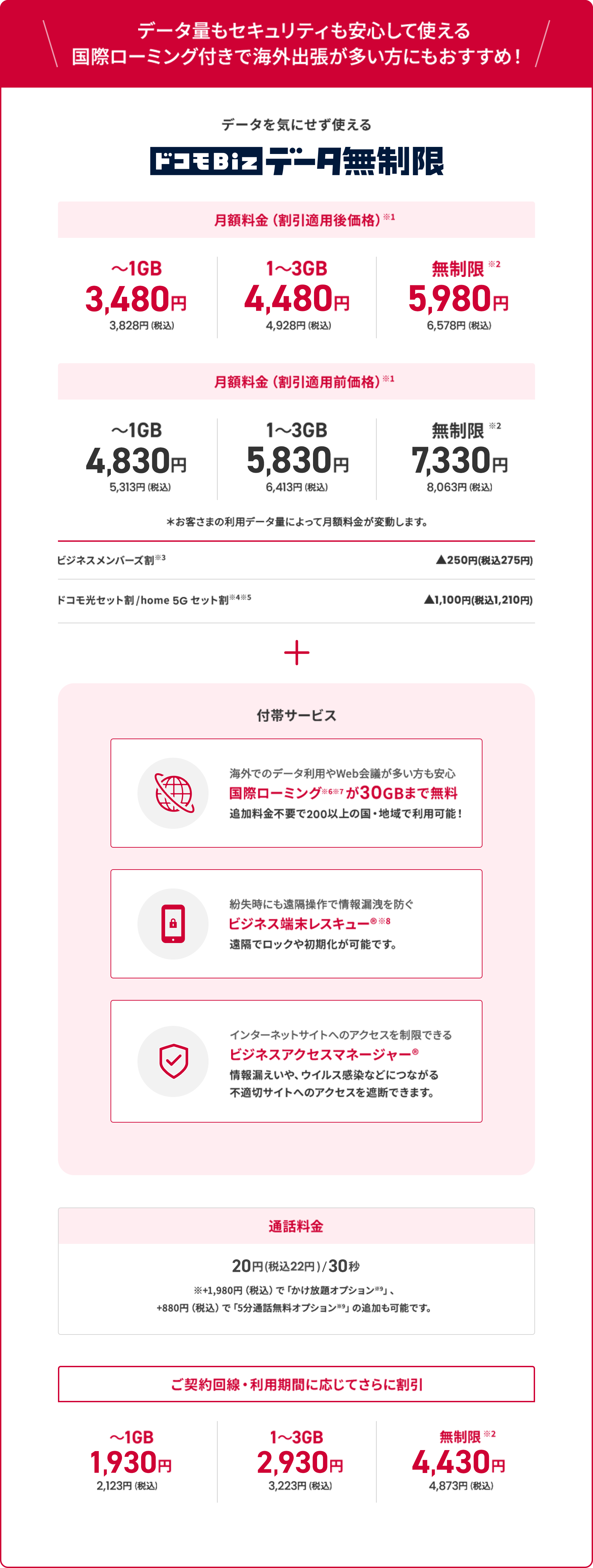 データ量もセキュリティも安心して使える　国際ローミング付きで海外出張が多い方にもおすすめ！　ドコモBiz データ無制限　月額料金（割引適用後価格）※1 ~1GB 3,480円 3,828円(税込) 1~3GB 4,480円 4,928円(税込)　無制限※2 5,980円 6,578円(税込) 月額料金（割引適用前価格）※1 ~1GB 4,830円 5,313円(税込) 1~3GB 5,830円 6,413円(税込)　無制限※2 7,330円 8,063円(税込) *お客様の利用データ量によって月額料金が変動します。