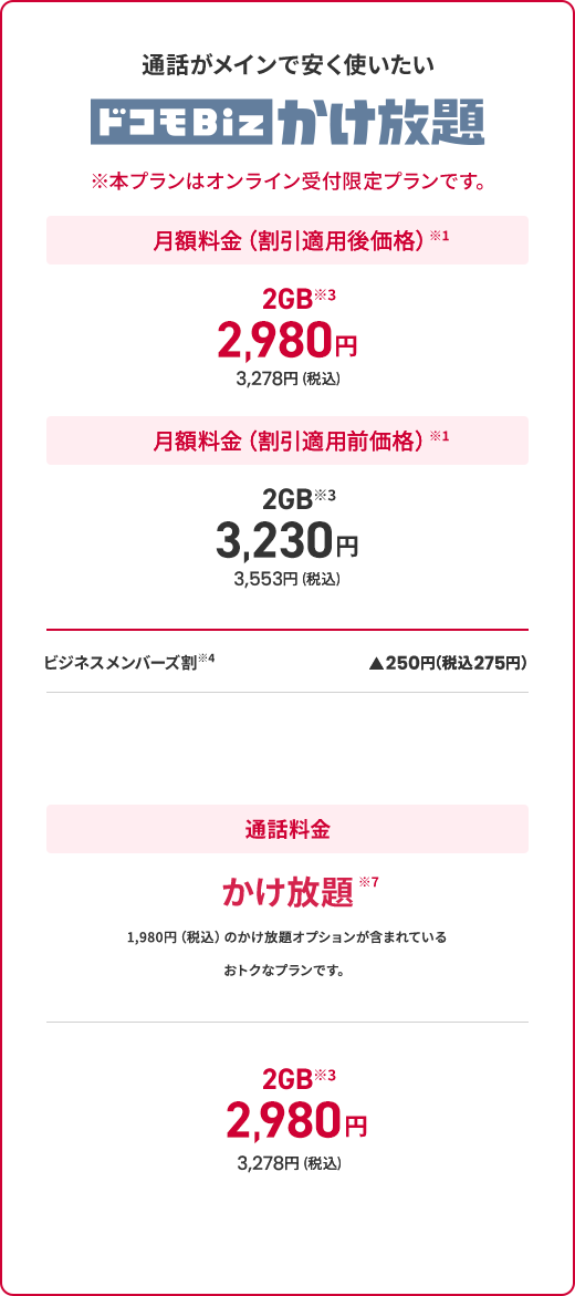 ドコモBiz かけ放題　料金表