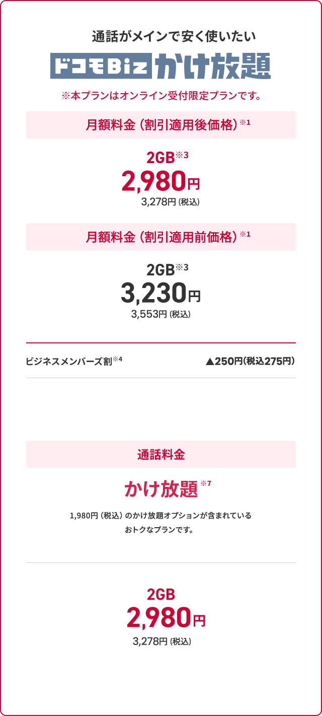 ドコモBiz かけ放題　料金表