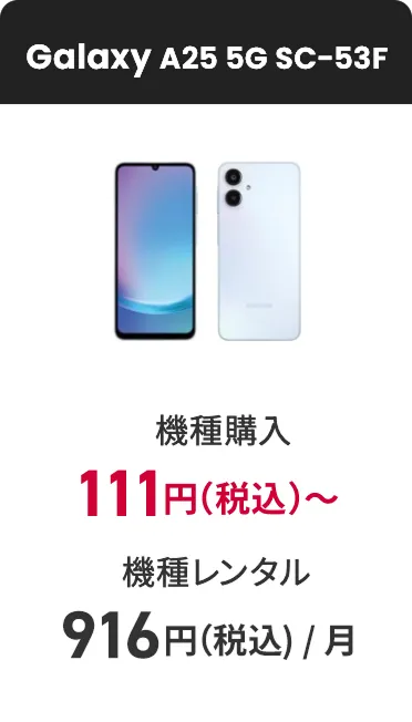 Galaxy A25 5G SC-53F 機種購入 111円（税込）〜 機種レンタル（月額料金）916円（税込）