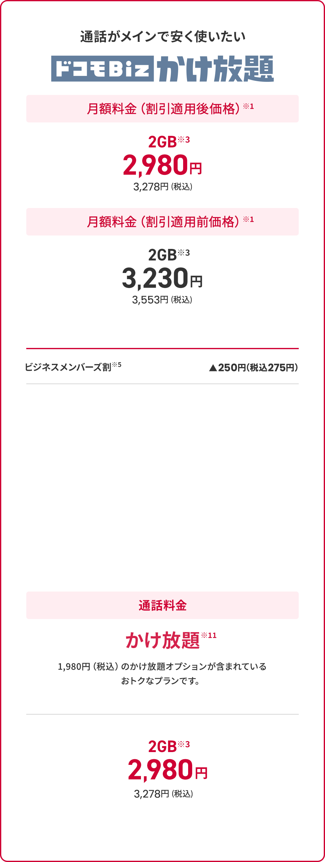 ドコモBiz かけ放題　料金表