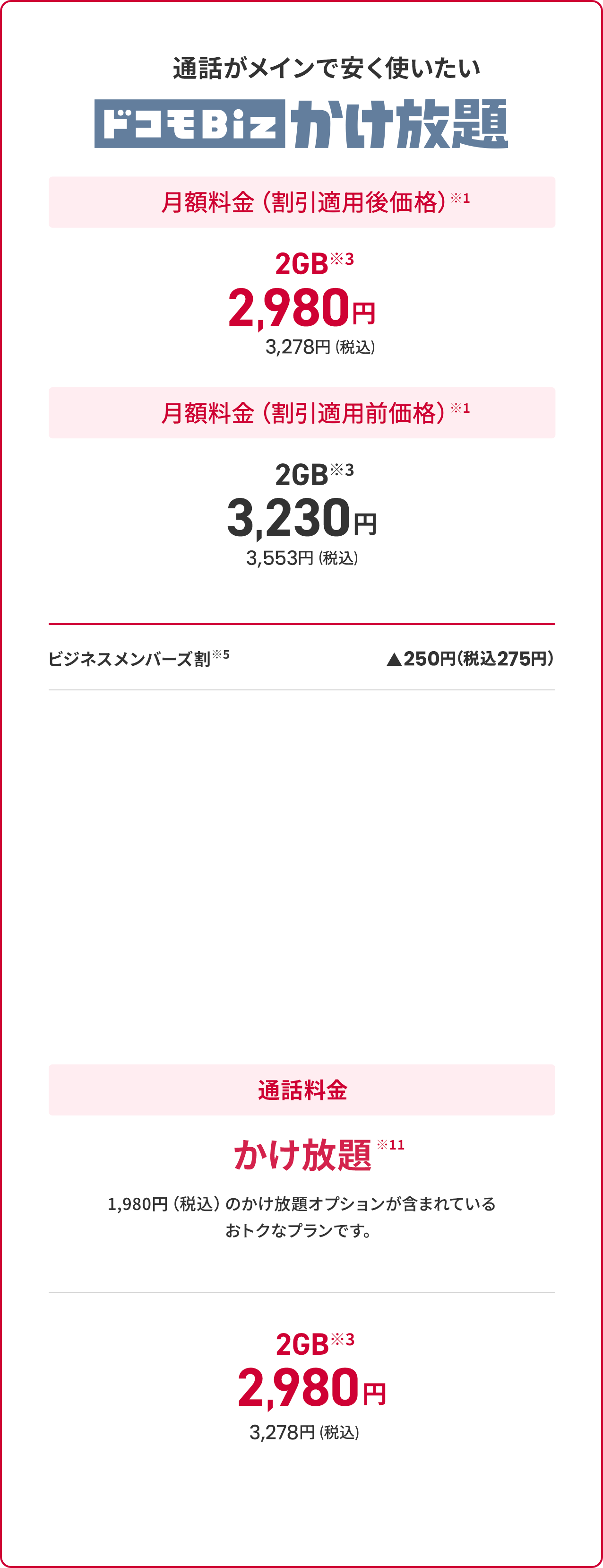 ドコモBiz かけ放題　料金表