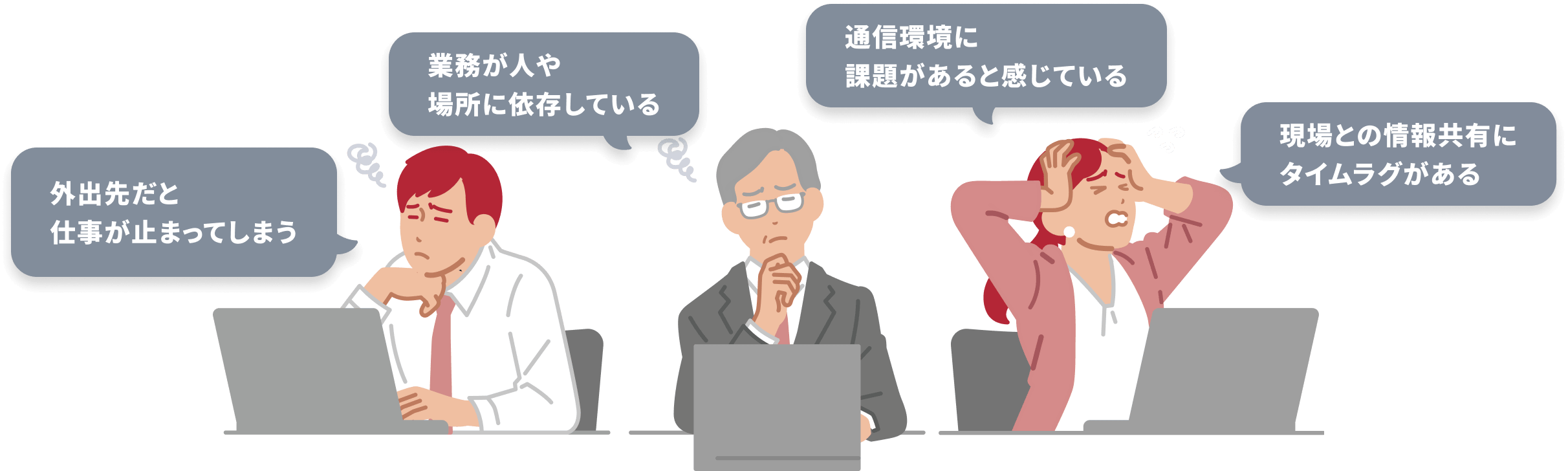 「外出先だと仕事が止まってしまう」「業務が人や場所に依存している」「通信環境に課題があると感じている」「現場との情報共有にタイムラグがある」